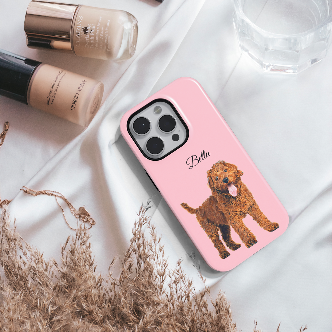 Personalized custom pet phone case with dog portrait – pink iPhone case featuring a cute puppy illustration and custom name Ideal gift for dog moms and pet lovers. Protective and stylish custom phone cover for pet owners