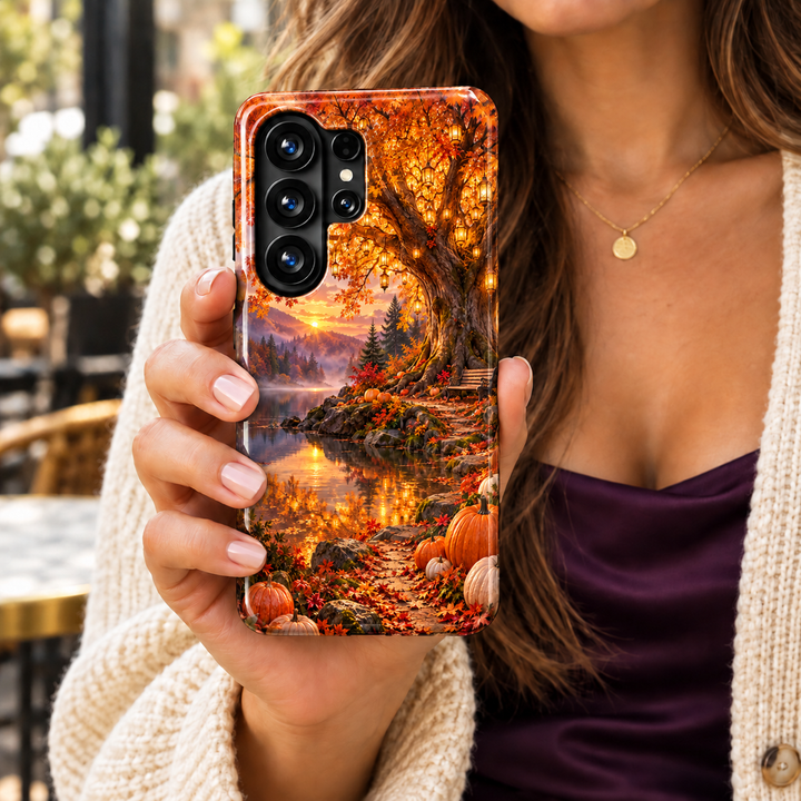 The Wishing Tree Samsung Galaxy case featuring a golden tree with hanging lanterns, a wooden bench and pumpkins beside a lake at sunset.
