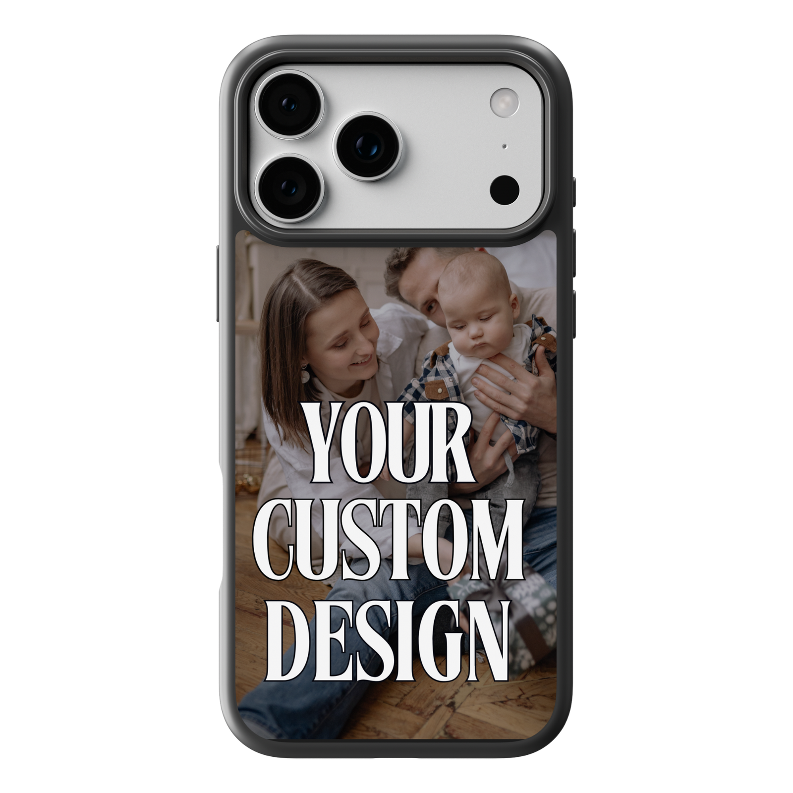 Custom photo phone case featuring personalized family, pet, and couple pictures on a protective tough case. Personalized photo phone cover gift for iPhone, Samsung Galaxy, and Google Pixel.