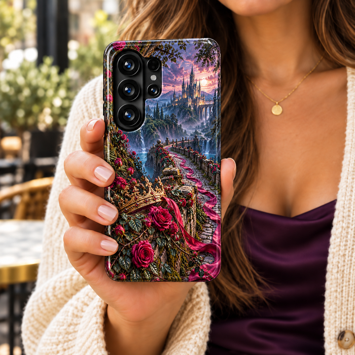 CASELIX Briarbound Samsung Galaxy case featuring a rose-covered stone bridge, flowing pink ribbon, gold crown and distant castle above waterfalls.