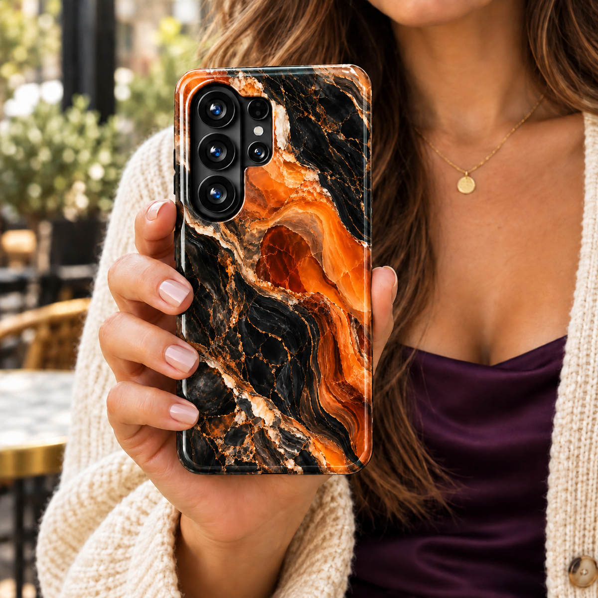 Pumpkin Obsidian Samsung Galaxy case featuring black marble with flowing pumpkin orange and amber mineral bands, fine copper-colored veins and cream accents.