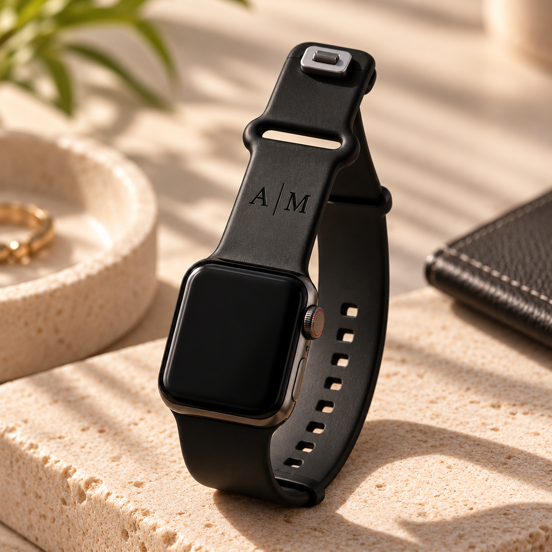 Black Apple Watch band with engraved A and M initials on a beige surface