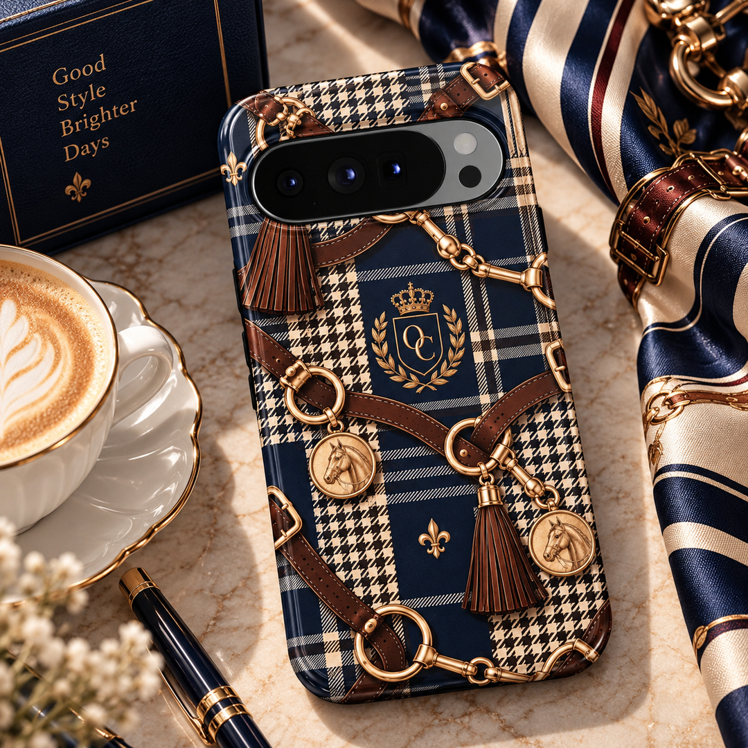 Oxford Check Google Pixel case featuring navy, cream and brown plaid and houndstooth with gold equestrian hardware, horse medallions and leather-style straps.