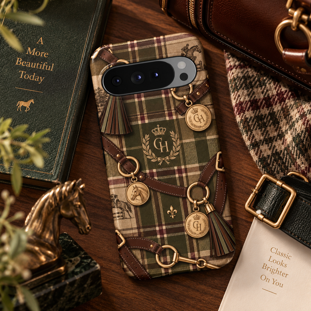 Country Heritage Google Pixel case featuring olive green, camel and burgundy plaid with brown leather-style equestrian straps, gold horse-bit hardware, horse medallions, tassels and regal crest details.