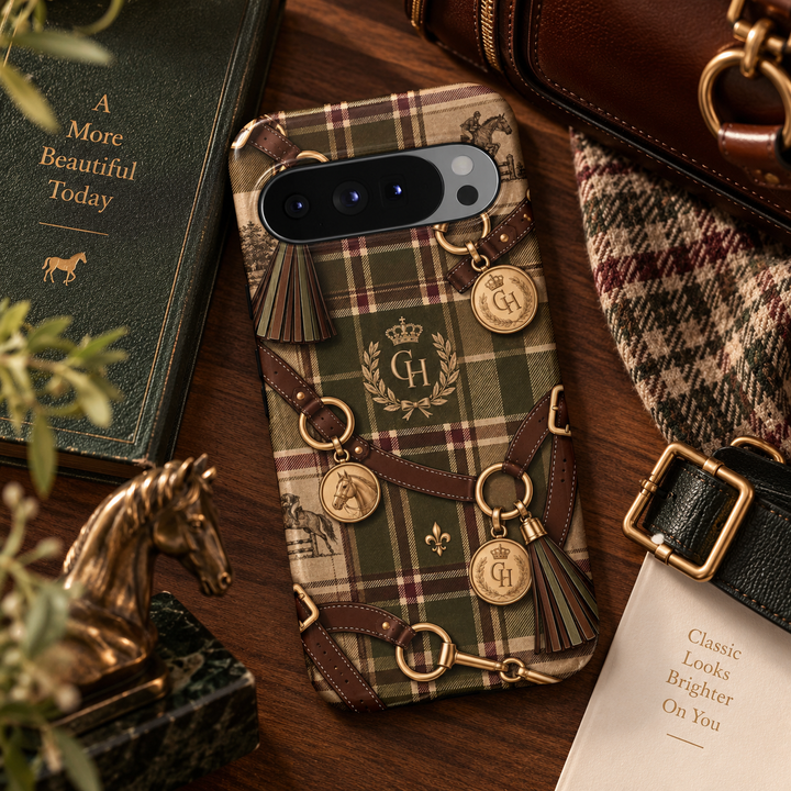Country Heritage Google Pixel case featuring olive green, camel and burgundy plaid with brown leather-style equestrian straps, gold horse-bit hardware, horse medallions, tassels and regal crest details.