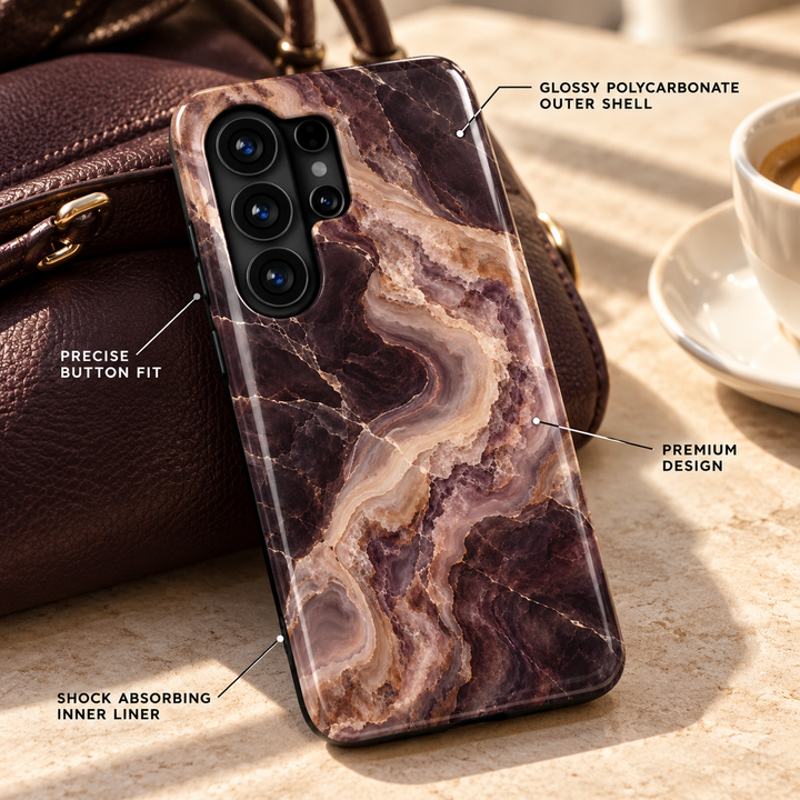 CASELIX Espresso Agate Samsung Galaxy case with glossy brown and plum marble print, flowing cream agate bands and fine gold-colored veining.