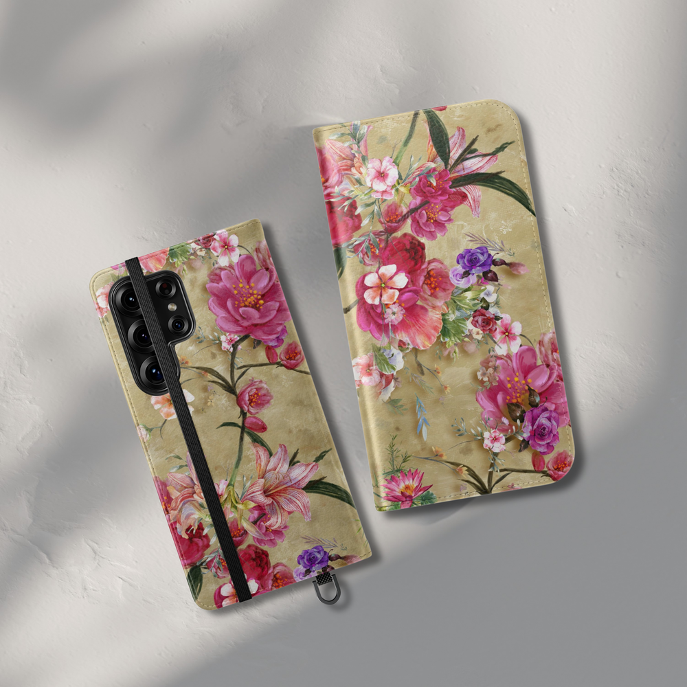Luxury floral folio phone case with pink flowers and gold background leather wallet flip case for iPhone 17 Pro Max and Samsung Galaxy S26 Ultra.