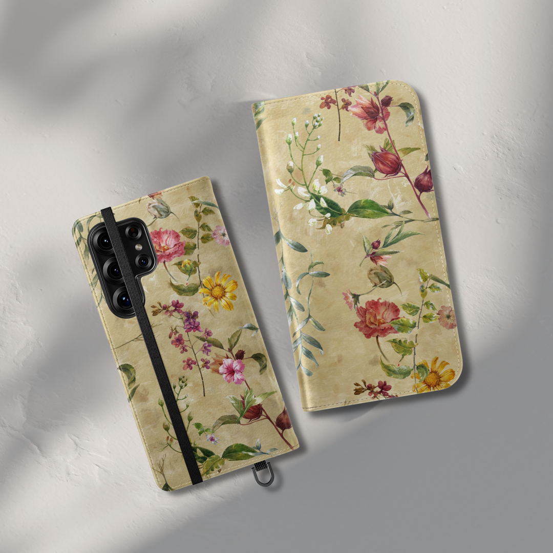 Vintage botanical floral folio phone case with butterfly detail leather wallet cover card holder foldable phone case for iPhone 17 Pro Max and Samsung Galaxy S26 Ultra.