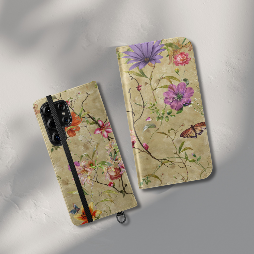 Vintage botanical floral folio phone case with butterfly detail leather wallet cover card holder foldable phone case for iPhone 17 Pro Max and Samsung Galaxy S26 Ultra.