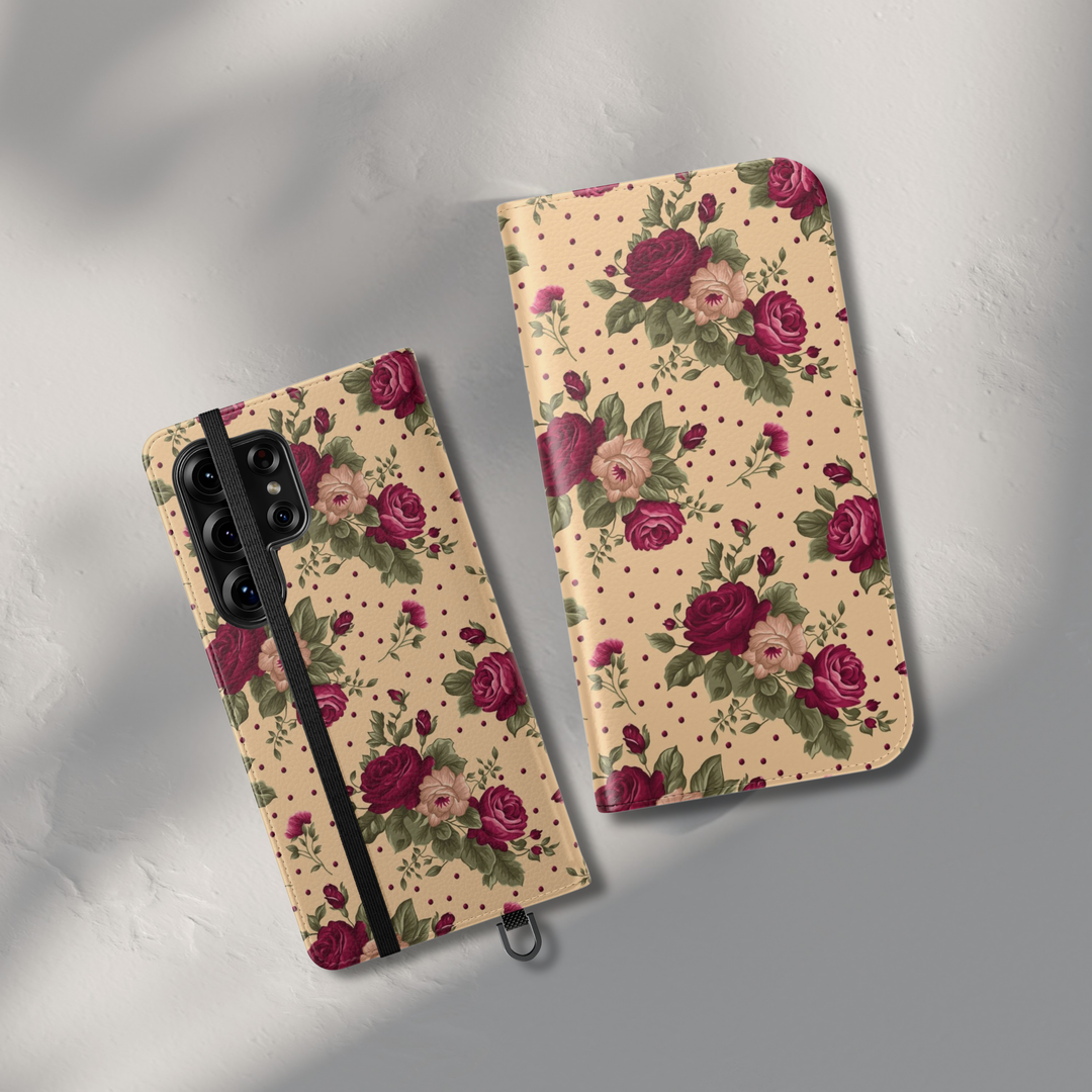 Vintage rose floral folio phone case wallet cover with card holder and foldable leather design for women compatible with iPhone 17 Pro Max and Samsung Galaxy S26 Ultra.