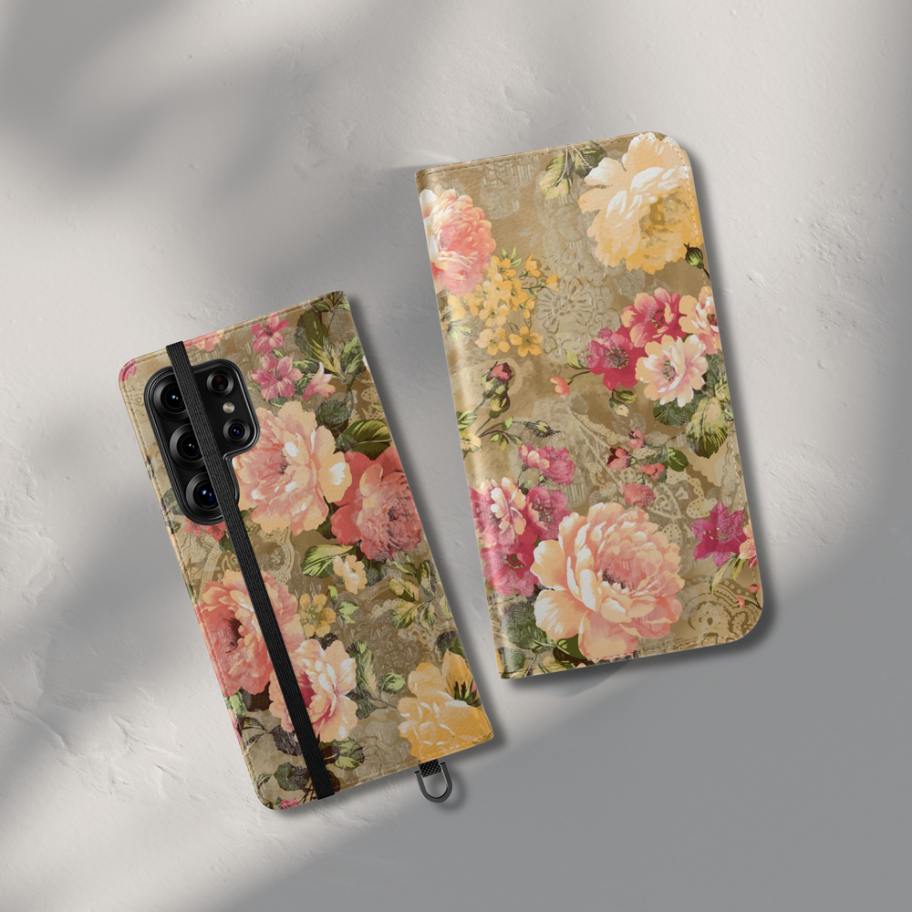 Vintage floral folio phone case with golden background and soft pink flowers leather wallet flip case with card holder for iPhone 17 Pro Max and Samsung Galaxy S26 Ultra.