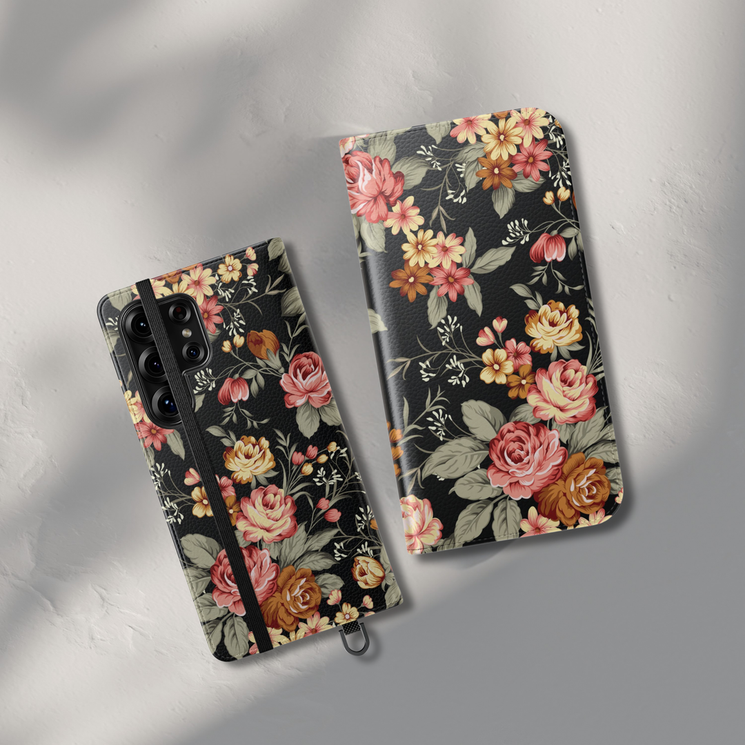 Dark floral folio phone case with black background and vintage flowers leather wallet flip case with card holder for iPhone 17 Pro Max and Samsung Galaxy S26 Ultra.