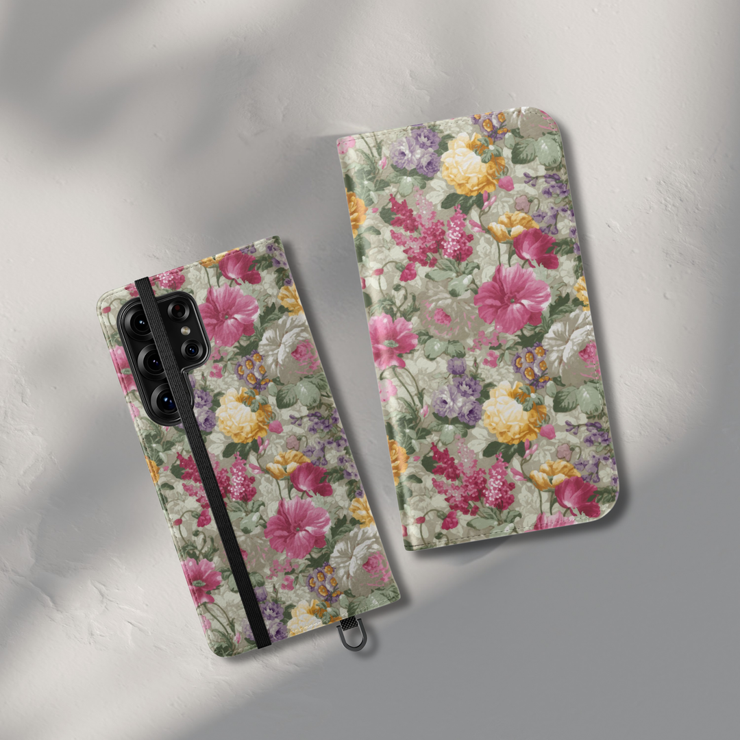 Vintage floral folio phone case with soft garden flowers aesthetic leather wallet flip case with card holder for iPhone 17 Pro Max and Samsung Galaxy S26 Ultra.