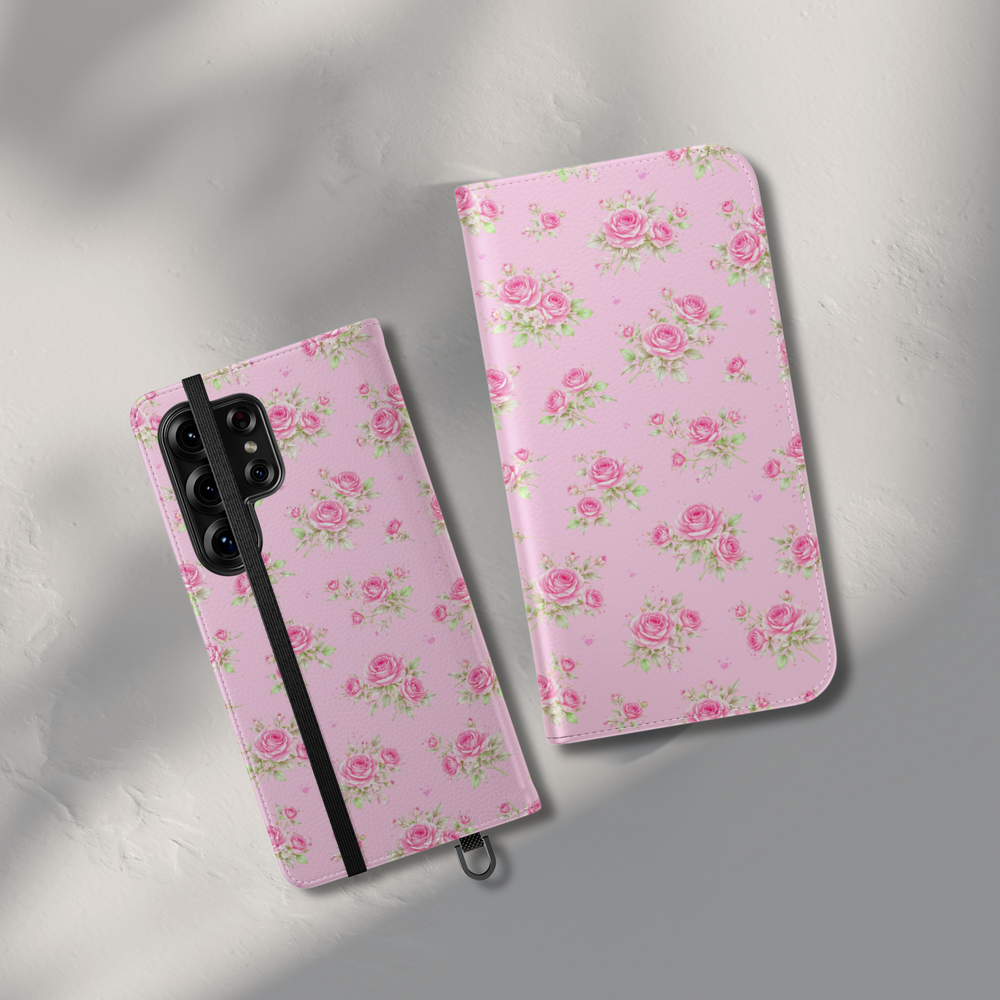Pink rose floral folio phone case with cute girly aesthetic leather wallet cover flip case with card holder for iPhone 17 Pro Max and Samsung Galaxy S26 Ultra.