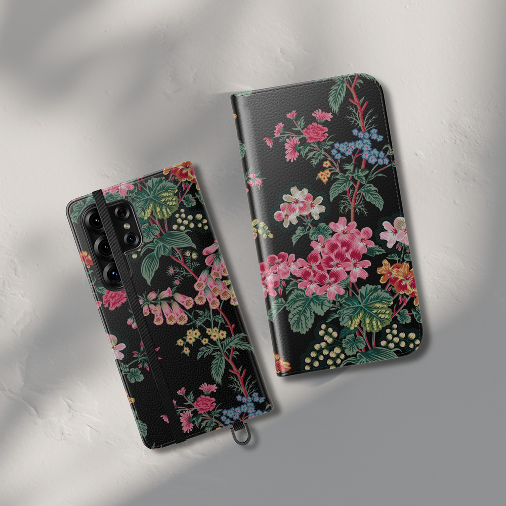 Black floral folio phone case with pink and colorful flowers leather wallet cover flip case with card holder for iPhone 17 Pro Max and Samsung Galaxy S26 Ultra.