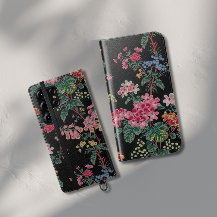 Black floral folio phone case with pink and colorful flowers leather wallet cover flip case with card holder for iPhone 17 Pro Max and Samsung Galaxy S26 Ultra.