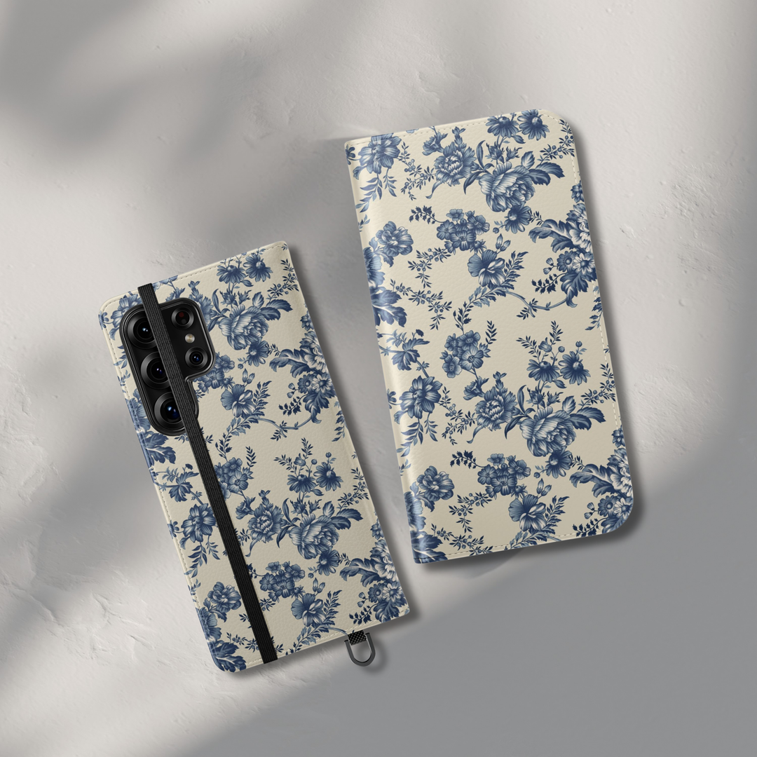 Blue floral folio phone case with vintage botanical pattern leather wallet cover card holder flip phone case for iPhone 17 Pro Max and Samsung Galaxy S26 Ultra.