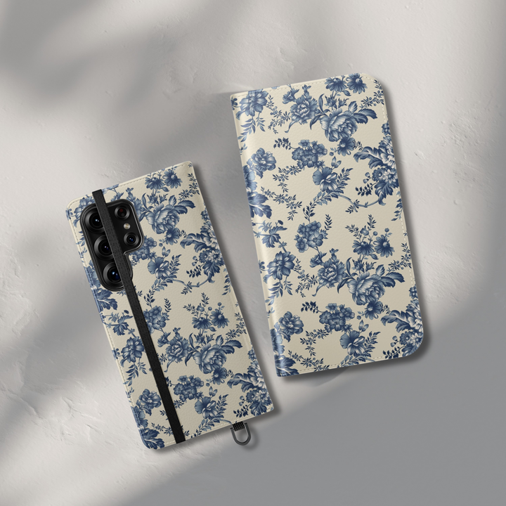 Blue floral folio phone case with vintage botanical pattern leather wallet cover card holder flip phone case for iPhone 17 Pro Max and Samsung Galaxy S26 Ultra.
