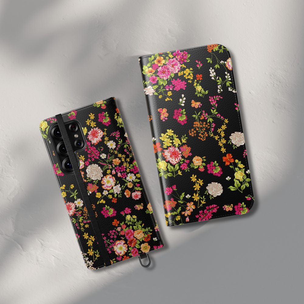 lack floral folio phone case wallet cover with card holder and foldable leather design for women compatible with iPhone 17 Pro Max and Samsung Galaxy S26 Ultra.