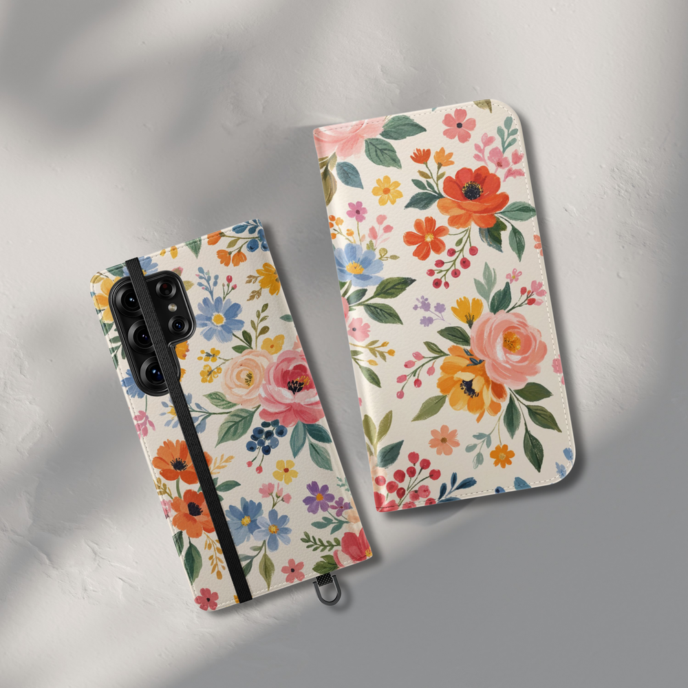 Colorful floral folio phone case wallet cover with card holder and foldable leather design for women compatible with iPhone 17 Pro Max and Samsung Galaxy S26 Ultra.
