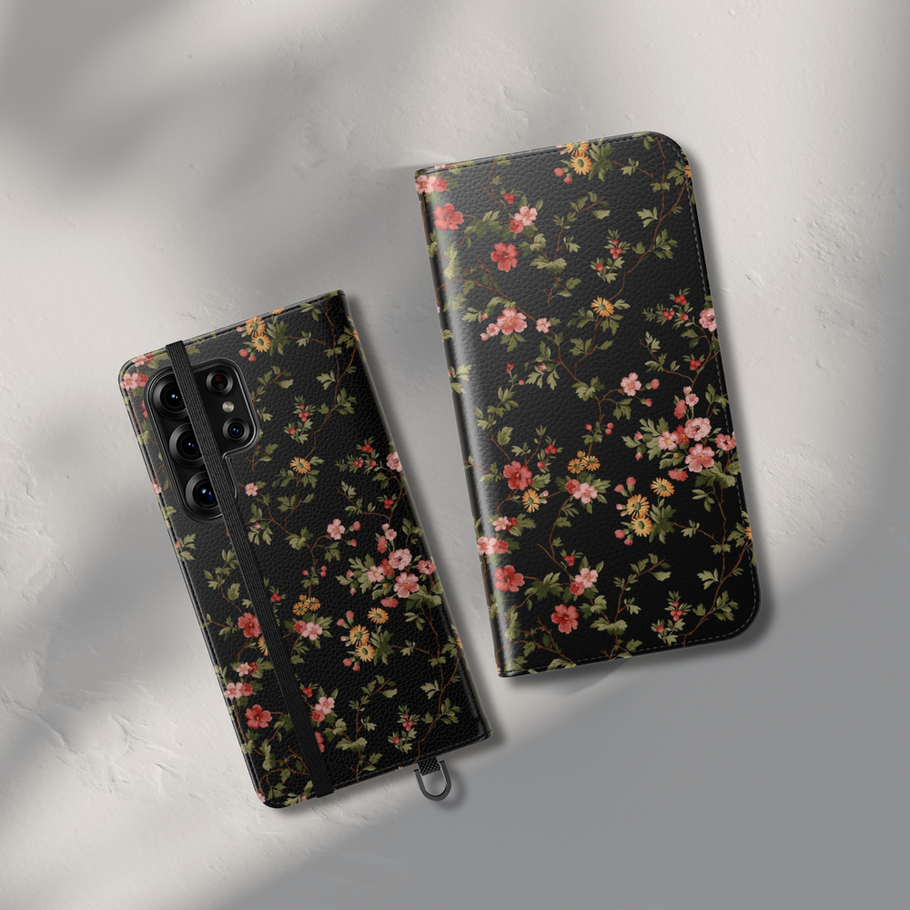 Black floral folio phone case wallet cover with card holder and foldable leather design for women compatible with iPhone 17 Pro Max and Samsung Galaxy S26 Ultra.