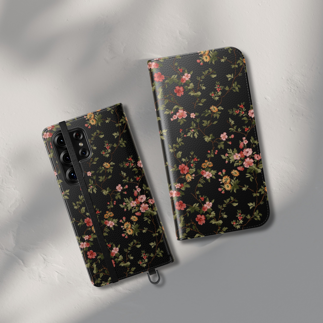 Black floral folio phone case wallet cover with card holder and foldable leather design for women compatible with iPhone 17 Pro Max and Samsung Galaxy S26 Ultra.