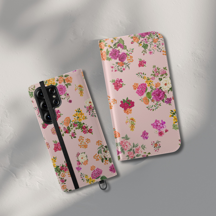 Pink floral folio phone case wallet cover with card holder and foldable leather design for women compatible with iPhone 17 Pro Max and Samsung Galaxy S26 Ultra.