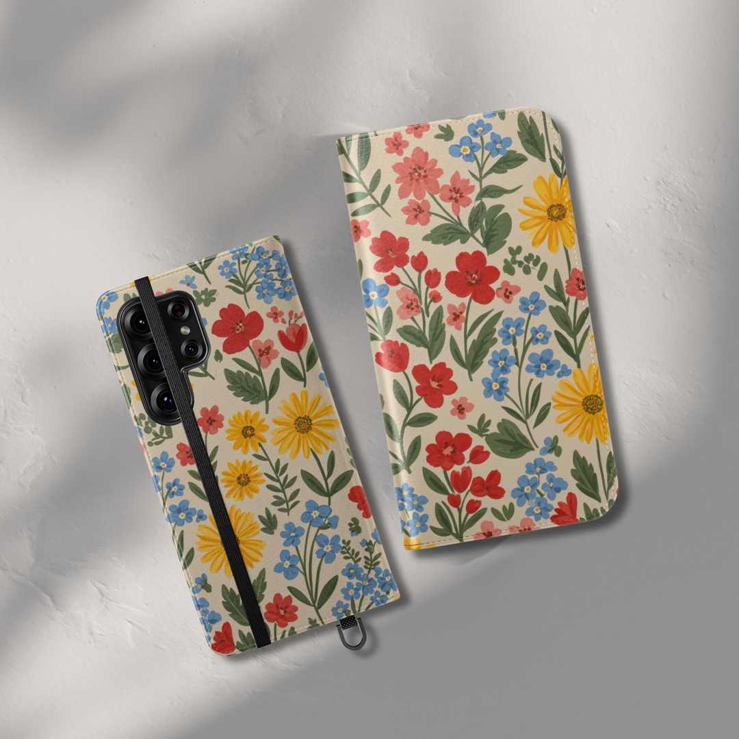 Wildflower floral folio phone case wallet cover with card holder and foldable leather design for women compatible with iPhone 17 Pro Max and Samsung Galaxy S26 Ultra.