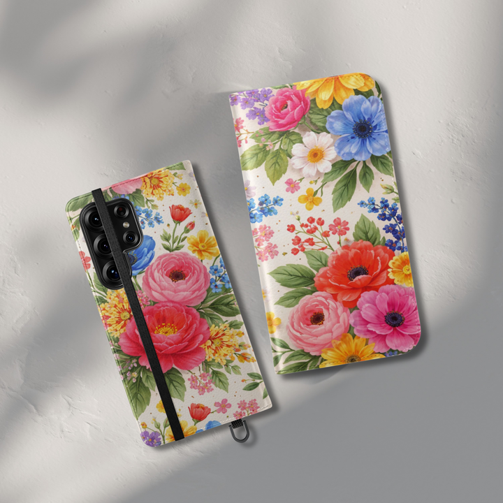 Colorful floral folio phone case wallet cover with card holder and foldable leather design for women compatible with iPhone 17 Pro Max and Samsung Galaxy S26 Ultra.