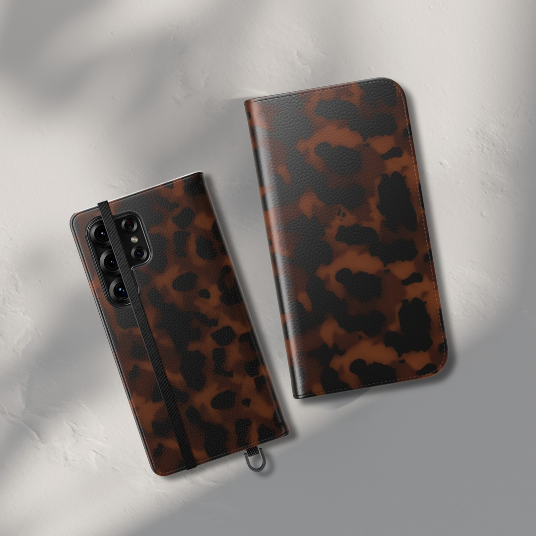 Brown leopard print folio phone case wallet cover with card holder and foldable leather design for women compatible with iPhone 17 Pro Max and Samsung Galaxy S26 Ultra.