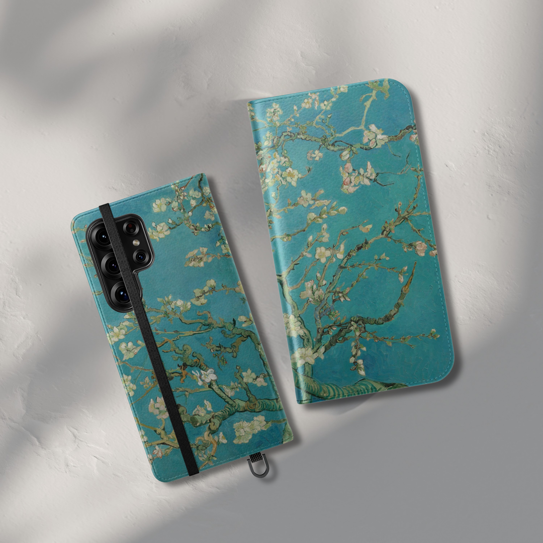 Floral blossom folio phone case wallet cover with card holder and foldable leather design for women compatible with iPhone 17 Pro Max and Samsung Galaxy S26 Ultra.