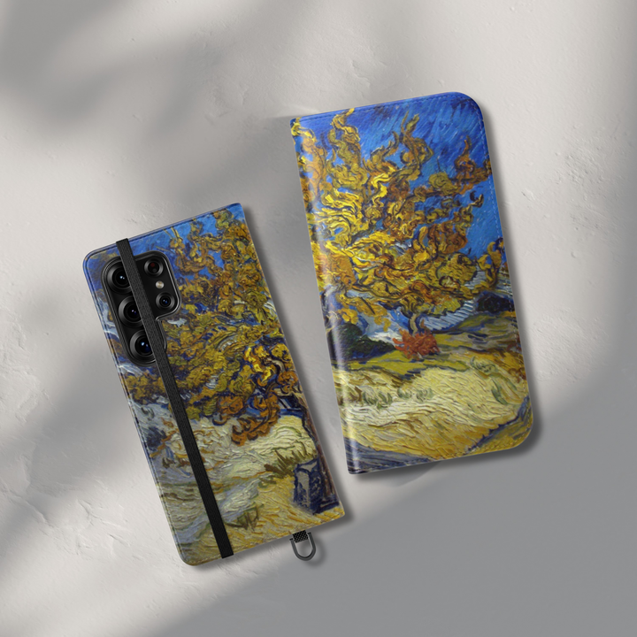 Vintage art folio phone case wallet cover with card holder and foldable leather design for women compatible with iPhone 17 Pro Max and Samsung Galaxy S26 Ultra.