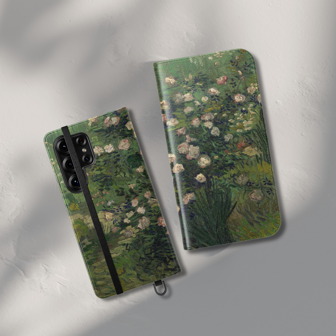 Floral folio phone case wallet cover with card holder and foldable leather design for women compatible with iPhone 17 Pro Max and Samsung Galaxy S26 Ultra.