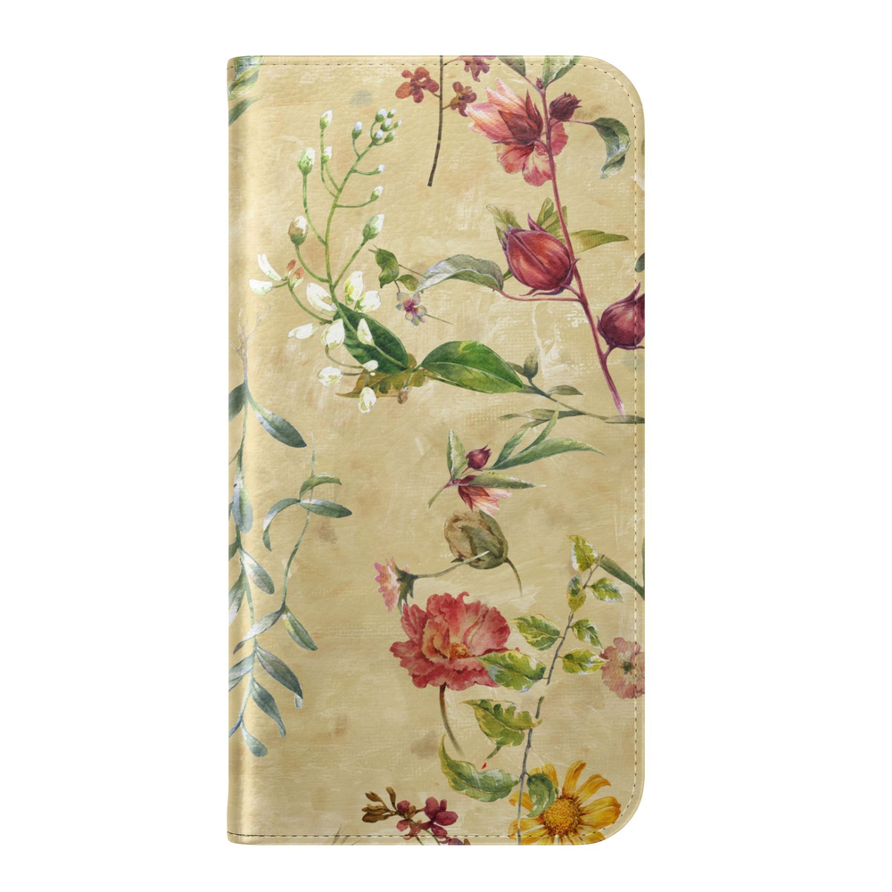Vintage botanical floral folio phone case with butterfly detail leather wallet cover card holder foldable phone case for iPhone 17 Pro Max and Samsung Galaxy S26 Ultra.