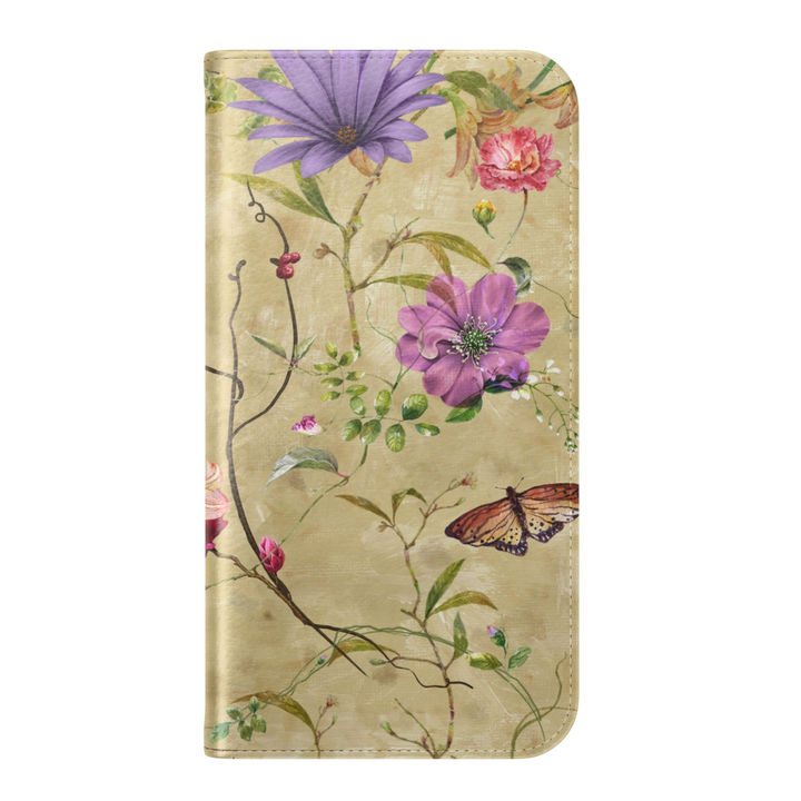 Vintage botanical floral folio phone case with butterfly detail leather wallet cover card holder foldable phone case for iPhone 17 Pro Max and Samsung Galaxy S26 Ultra.