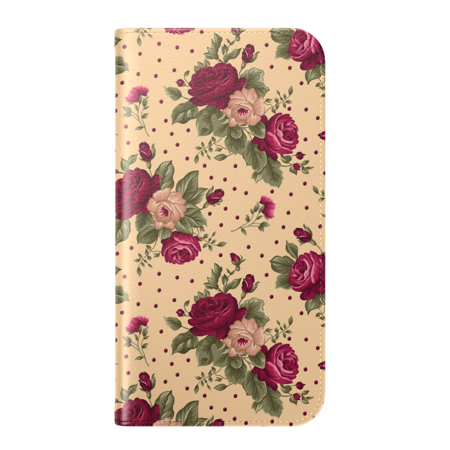 Vintage rose floral folio phone case wallet cover with card holder and foldable leather design for women compatible with iPhone 17 Pro Max and Samsung Galaxy S26 Ultra.