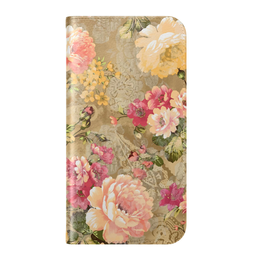 Vintage floral folio phone case with golden background and soft pink flowers leather wallet flip case with card holder for iPhone 17 Pro Max and Samsung Galaxy S26 Ultra.