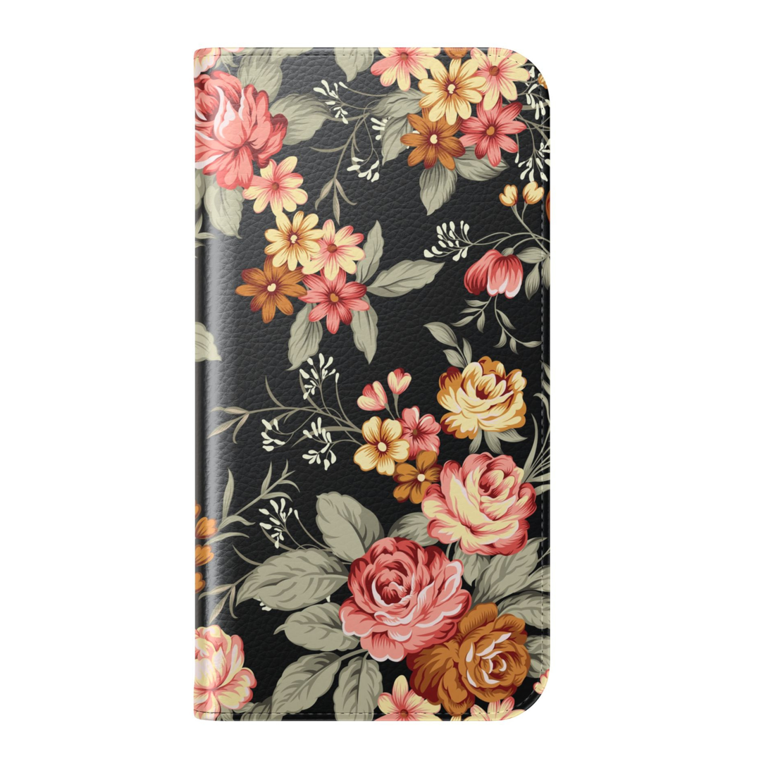 Dark floral folio phone case with black background and vintage flowers leather wallet flip case with card holder for iPhone 17 Pro Max and Samsung Galaxy S26 Ultra.