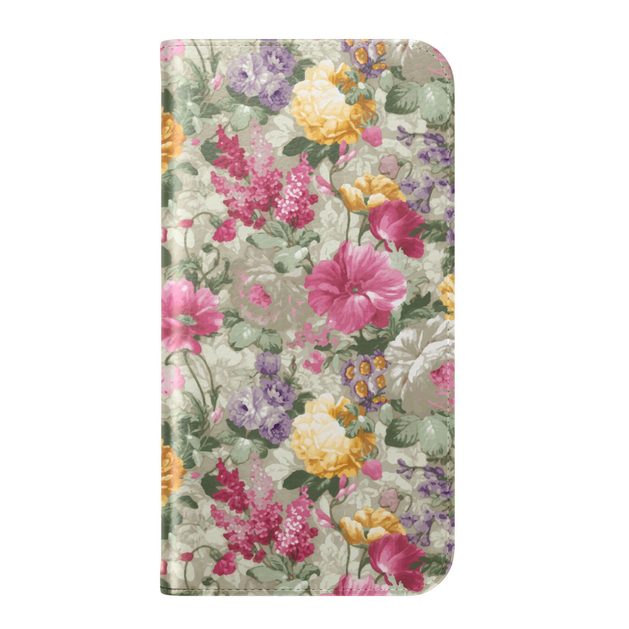 Vintage floral folio phone case with soft garden flowers aesthetic leather wallet flip case with card holder for iPhone 17 Pro Max and Samsung Galaxy S26 Ultra.