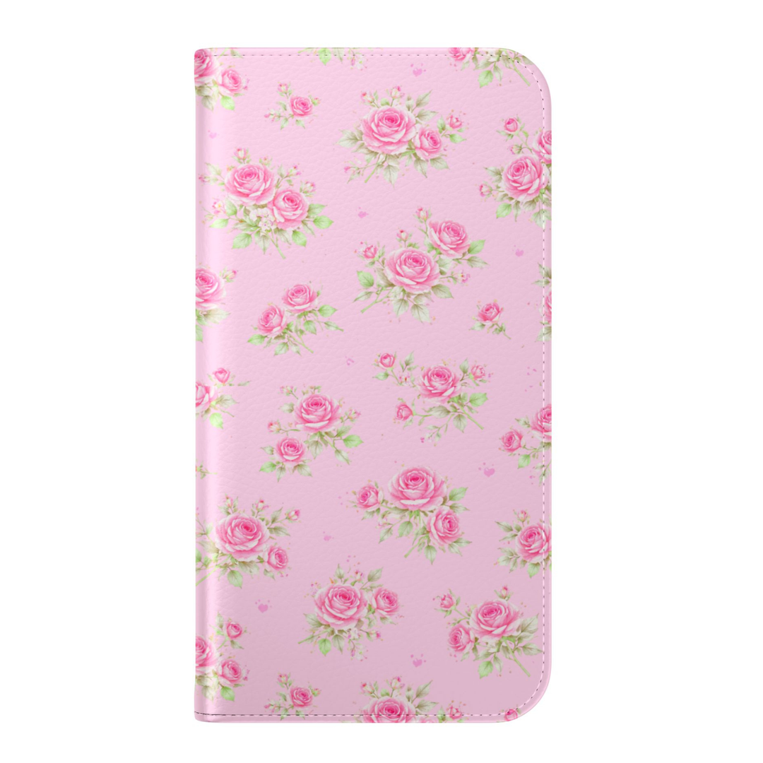 Pink rose floral folio phone case with cute girly aesthetic leather wallet cover flip case with card holder for iPhone 17 Pro Max and Samsung Galaxy S26 Ultra.