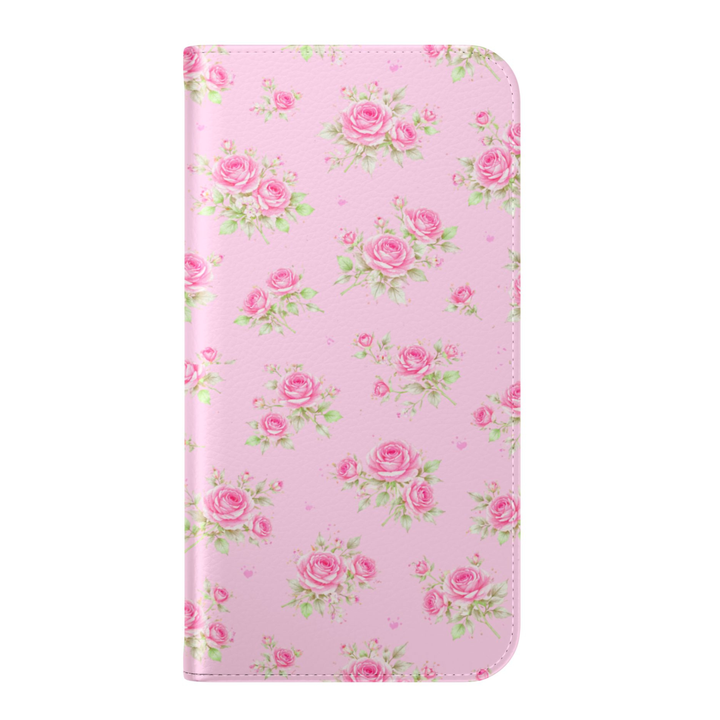 Pink rose floral folio phone case with cute girly aesthetic leather wallet cover flip case with card holder for iPhone 17 Pro Max and Samsung Galaxy S26 Ultra.