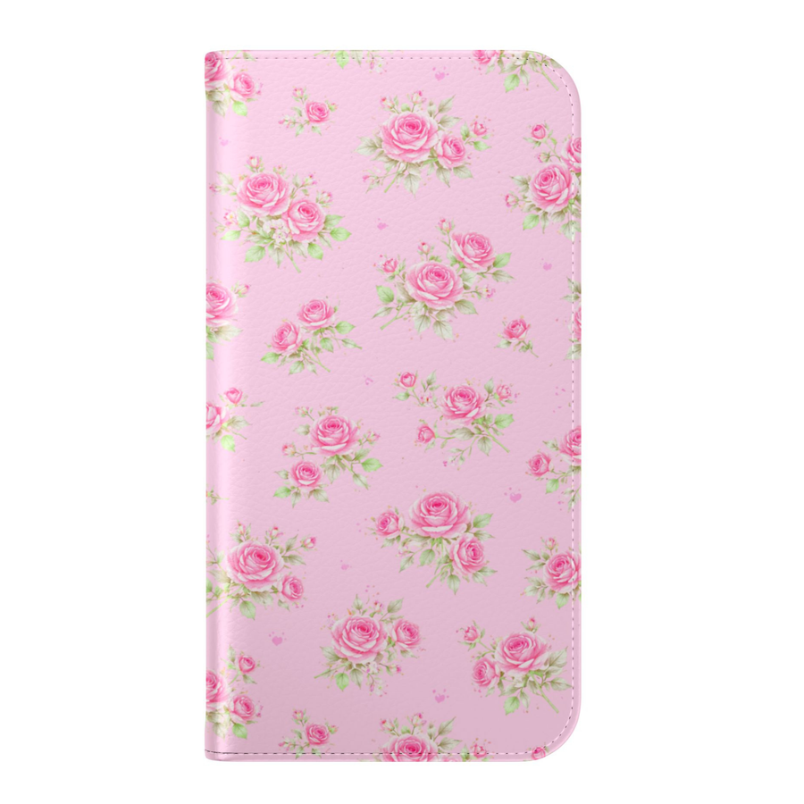 Pink rose floral folio phone case with cute girly aesthetic leather wallet cover flip case with card holder for iPhone 17 Pro Max and Samsung Galaxy S26 Ultra.