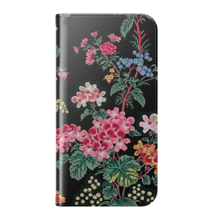 Black floral folio phone case with pink and colorful flowers leather wallet cover flip case with card holder for iPhone 17 Pro Max and Samsung Galaxy S26 Ultra.