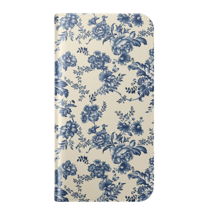 Blue floral folio phone case with vintage botanical pattern leather wallet cover card holder flip phone case for iPhone 17 Pro Max and Samsung Galaxy S26 Ultra.