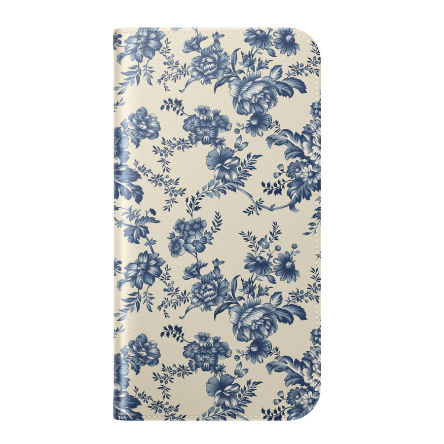 Blue floral folio phone case with vintage botanical pattern leather wallet cover card holder flip phone case for iPhone 17 Pro Max and Samsung Galaxy S26 Ultra.