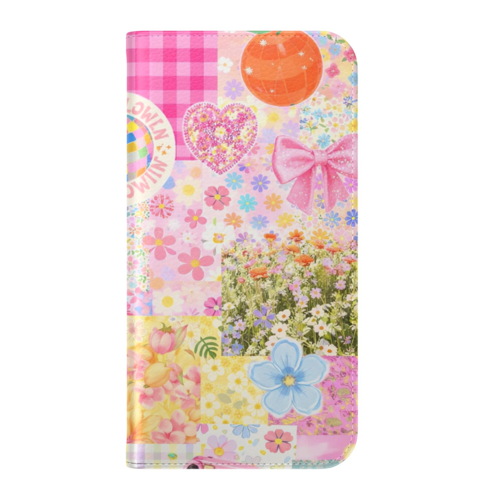 Pastel floral collage folio phone case with pink gingham, flowers, bow and aesthetic design leather wallet cover for iPhone 17 Pro Max and Samsung Galaxy S26 Ultra.