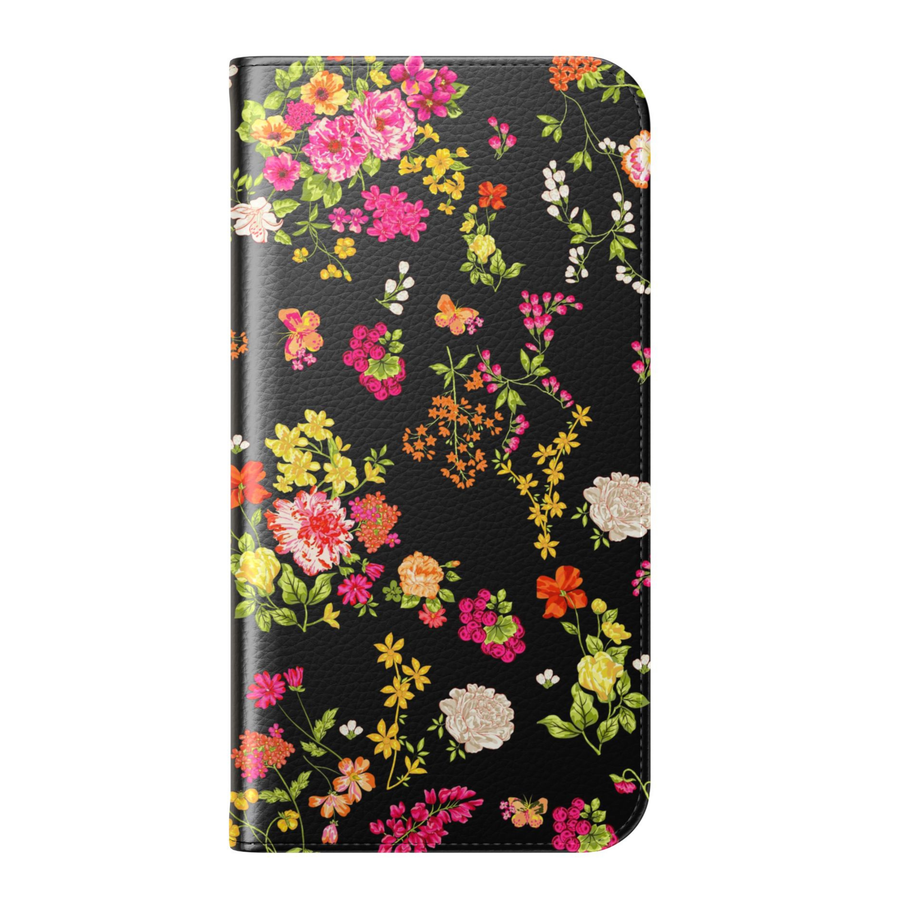 lack floral folio phone case wallet cover with card holder and foldable leather design for women compatible with iPhone 17 Pro Max and Samsung Galaxy S26 Ultra.