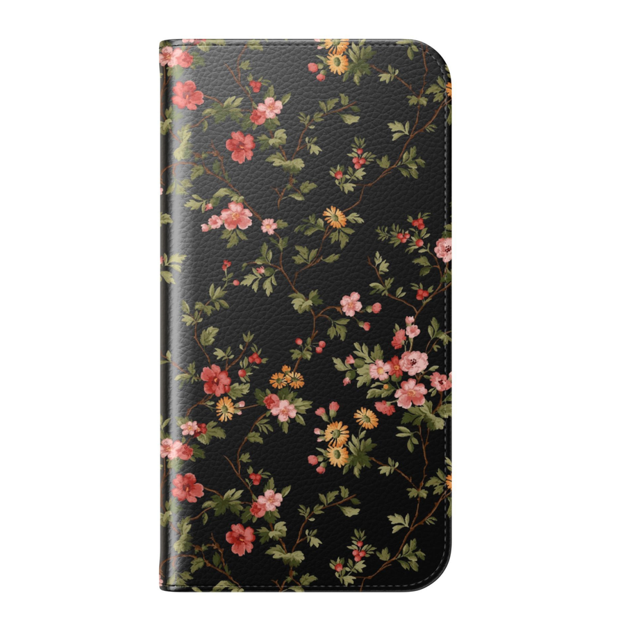 Black floral folio phone case wallet cover with card holder and foldable leather design for women compatible with iPhone 17 Pro Max and Samsung Galaxy S26 Ultra.