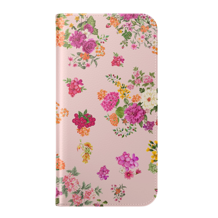 Pink floral folio phone case wallet cover with card holder and foldable leather design for women compatible with iPhone 17 Pro Max and Samsung Galaxy S26 Ultra.