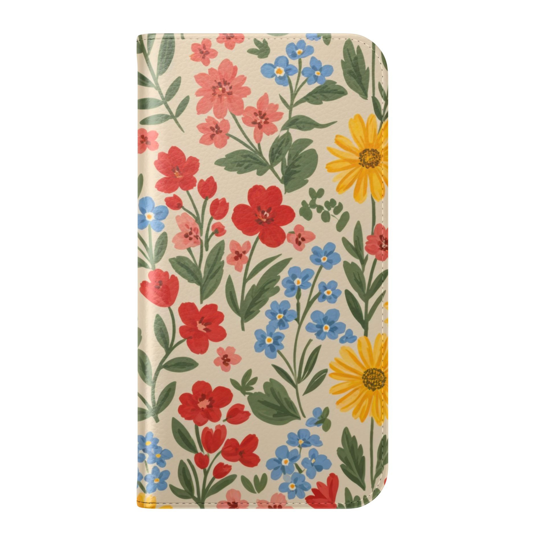 Wildflower floral folio phone case wallet cover with card holder and foldable leather design for women compatible with iPhone 17 Pro Max and Samsung Galaxy S26 Ultra.